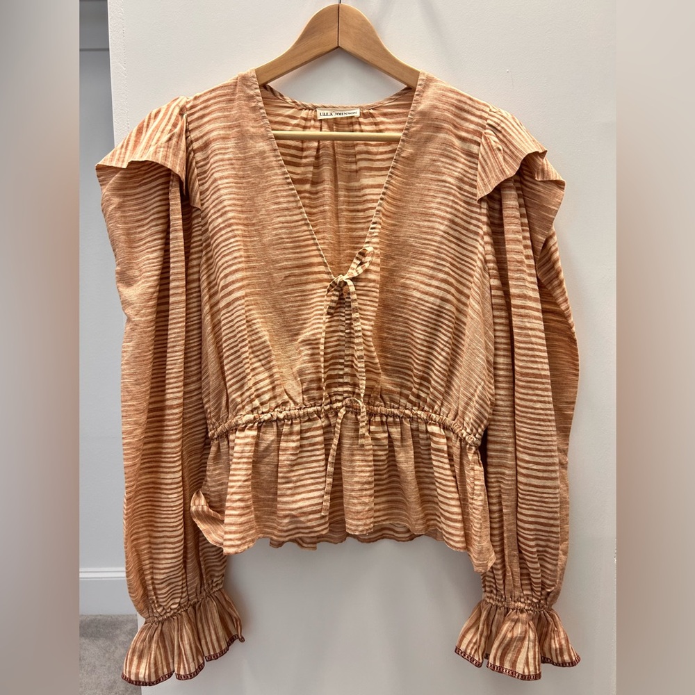 NWOT Ulla Johnson Women's Brown Ophelia V Neck Peplum Cropped Blouse